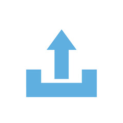 Fototapeta premium A blue color simple upload icon in the form of a upward arrow and a black line as a sign that the file or document has been uploaded.