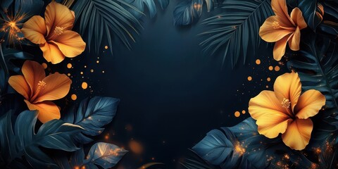 Dark background frame with tropical leaves and flowers adorned with golden highlights