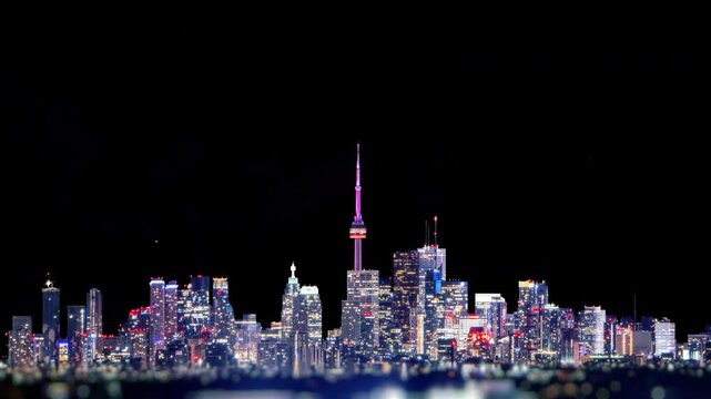 Toronto Canada cityscape with fireworks, artistic collage depiction of holidays celebration. Artistic effects of night North American city lights flickering on distance and from fireworks exploding.