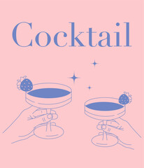 Minimal cocktail illustration with two hands holding glasses. Pink and blue line art style with “Cocktail” text. Trendy summer party or bar design for posters and social media.