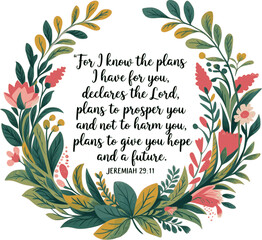 Jeremiah 29:11 Bible Verse Quote with Floral Wreath – Inspirational Christian Scripture Typography Vector