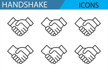 Icon set featuring multiple styles of handshakes, symbolizing unity, professional collaboration, and mutual respect.