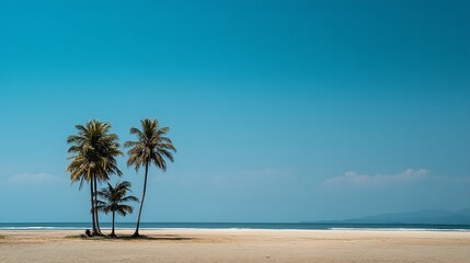 Obraz premium Tranquil Beach Scene with Three Palm Trees Peaceful Tropical Paradise Idyllic Summer Vacation Coastal Landscape Serene Ocean View Exotic Island Getaway Blue Sky Sunny Day Relaxing 