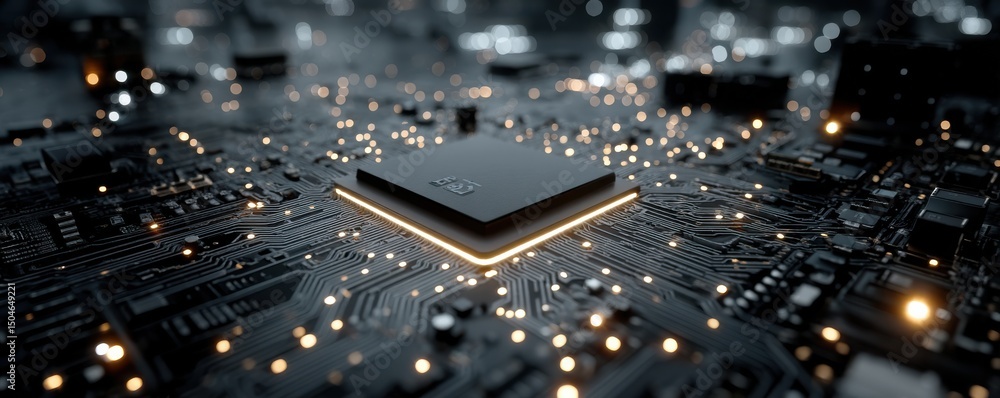 Poster high tech close-up view of a glowing circuit board with a cpu