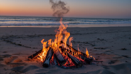 Fototapeta premium Enjoying a beach bonfire as the sun sets over the ocean horizon with peaceful waves in the background