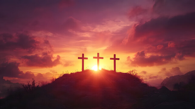 Elegant A silhouette of three crosses on a hill against a dramatic sunset representing the Passion of Christ and the Lenten season