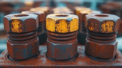 Close up of rusty bolts with colorful highlights and industrial background