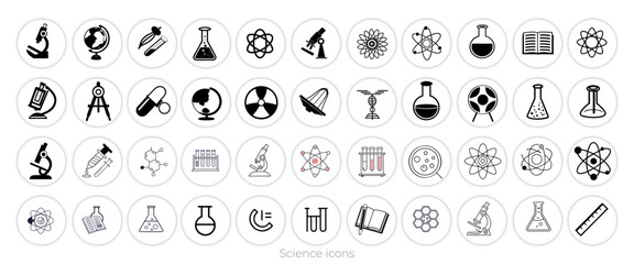 Science icons set – thin line, editable stroke vectors for physics, chemistry, biology research, sciences and laboratory education or  health applications.