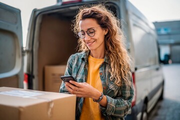 A smiling woman in a plaid shirt stands next to her delivery van, checking her phone while holding a cardboard box. Packages are visible inside the van, indicating a busy delivery day