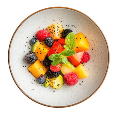 Fruit salad in a plate, A colorful plate of fresh fruit salad with melon, berries, and grapes....