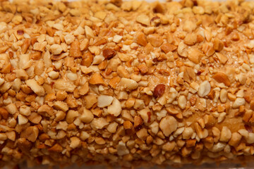 Close-up of testy nut-covered layered cake roll with creamy filling on plate