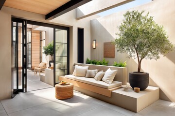 Fototapeta premium Modern minimalist patio with cozy seating and potted plants for relaxation