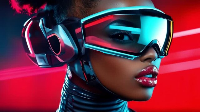 An individual showcases cutting-edge fashion infused with advanced technology, set against a backdrop of lively neon lights during an electrifying urban experience at night
