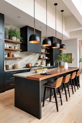 Modern kitchen interior with black cabinets and wood accents