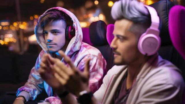 Two friends enjoy an exhilarating gaming session in a buzzing arcade, illuminated by colorful lights. Their laughter and excitement fill the air as they compete and share moments of joy