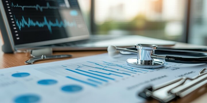 Healthcare business concept, Medical examination and graph data growth of business on tablet with doctor's health report clipboard