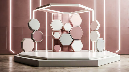 Elegant Stage with Hexagon Panels and Geometric Lighting in Soft Pastel Colors