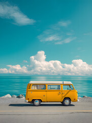 Vintage Yellow Van Parked by the Ocean