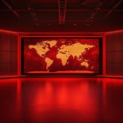 Modern red TV News Studio, world map in the background on a screen