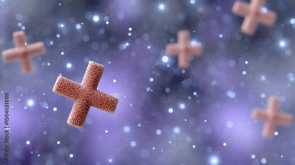 Fototapete Abstract Cross Icons: An artistic representation of several textured cross icons floating against a soft, cosmic background with shimmering particles, evoking a sense of mystery and depth.