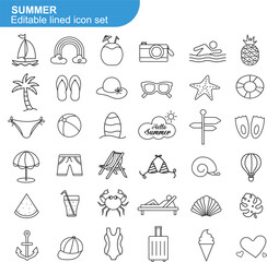Hand Drawn Summer Icon Set. Beach, Travel, Vacation, Tropical Elements, Sun, Sea, Holiday, Flat Vector Design