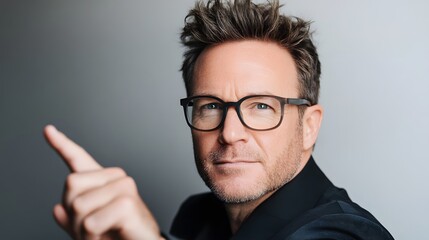 Stylish Man in Glasses Pointing Upward, Creative Business Concept