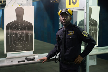 Portrait of an African American security guard standing at a firing range, holding firearm against...