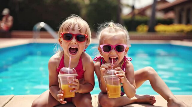 little happy girls in sunglasses with glass of juice in pool in summer, resort vacation