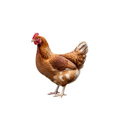 Fototapeta premium Realistic brown hen standing isolated on white background, farm poultry bird, natural feathers detail