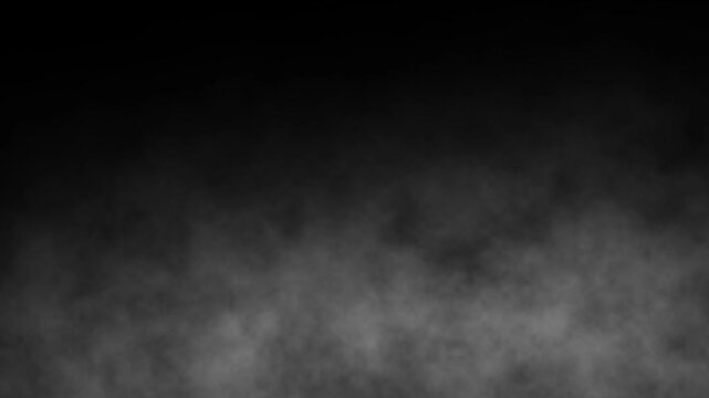 Smoke atmosphere or fog overlay on black background. Steam floating. Mist fog cloud smoke effect in slow motion. Mist fog floating through space for video editing