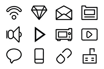 Vector icons set wifi signal diamond envelope folder volume play microwave line
