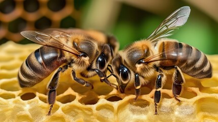 Naklejka premium Closeup of bees interacting on honeycomb in vibrant naturally lit setting