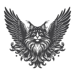 Fototapeta premium Maine Coon with Wings Flying Illustration – Fantasy Cat Engraved Style Vector for T-Shirts, Posters, Stickers, and Magical Apparel