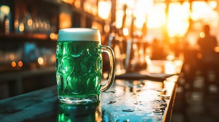 Glass mug of green beverage with foam highlighted by sunset ambiance