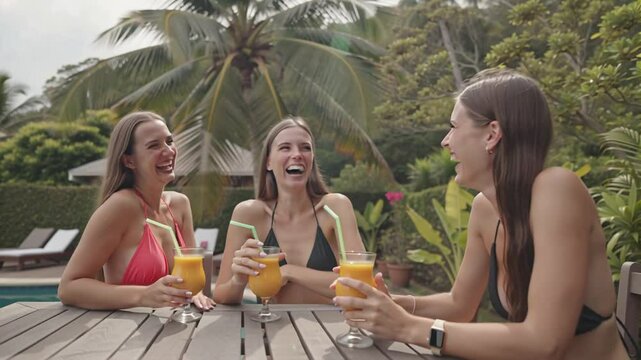 small young women with glass of juice at table against pool background in summer, resort vacation