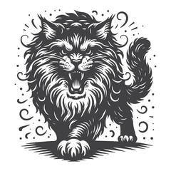 Obraz premium Vintage Hand-Drawn Maine Coon Roaring Illustration – Fierce Wildcat Engraved Style Vector for T-Shirts, Posters, Stickers, and Bold Animal-Themed Apparel