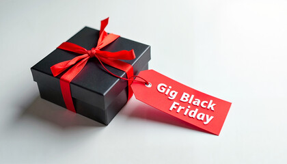 Black gift box with red price tag displaying "Gig Black Friday" against minimalistic white background, promotional concept for holiday shopping.