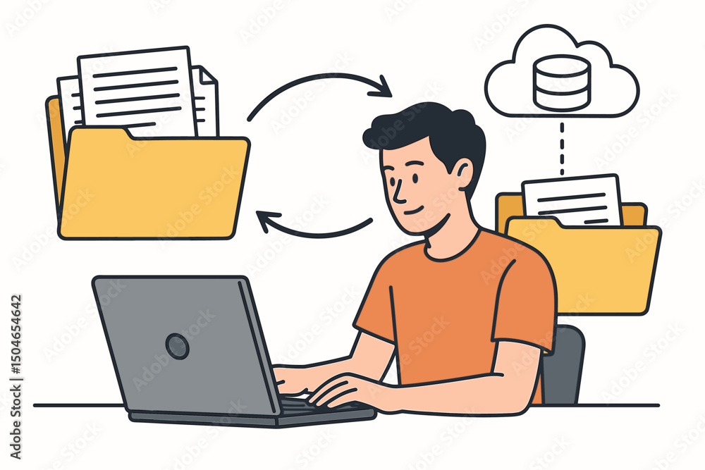 Poster efficient digital file management concept showing a man using a laptop to synchronize documents betw