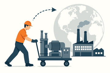 Global industrial equipment relocation concept vector illustration. Worker transports heavy machinery on a trolley to a factory location, with Earth map indicating international logistics.