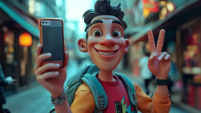 3D rendering of male anime character in casual clothing with backpack, taking selfie with smartphone, urban setting with signs and blurred pedestrians in background.