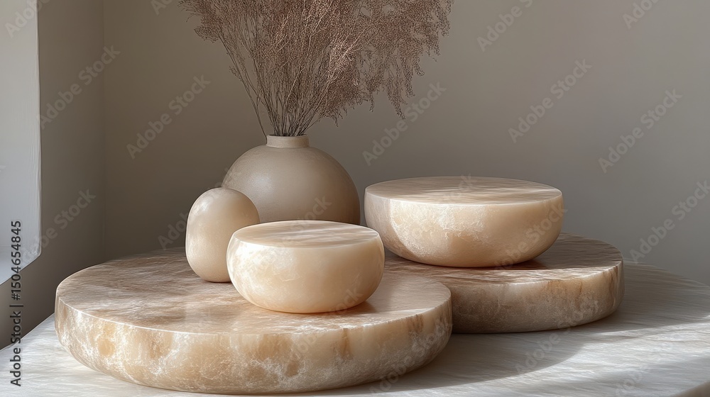 Poster minimalist composition of decorative objects with natural textures and soft lighting