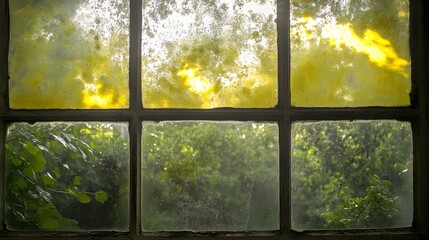 Naklejka premium Old Grungy Window Pane Sunlight Green Foliage