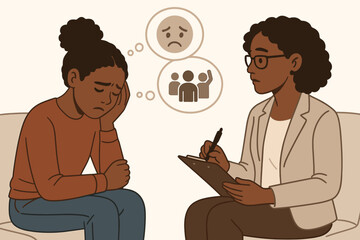 Adolescent Mental Health Counseling Vector Illustration. African American teenage girl expresses emotional distress, potentially social anxiety, to a compassionate female therapist.