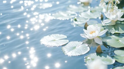 A serene pond with lily pads floating on the water's surface