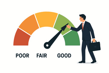Vector illustration businessman improving credit score pushing indicator needle towards good excellent rating on gauge Financial health check creditworthiness measurement progress.
