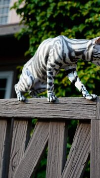 Chat bengal cyborg aux rayures m&eacute;talliques sur une cl&ocirc;ture en bois

