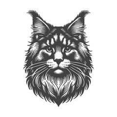 Fototapeta premium Vintage Hand-Drawn Maine Coon Head Illustration – Feline Engraved Style Vector for T-Shirts, Posters, Stickers, and Pet Lovers Apparel