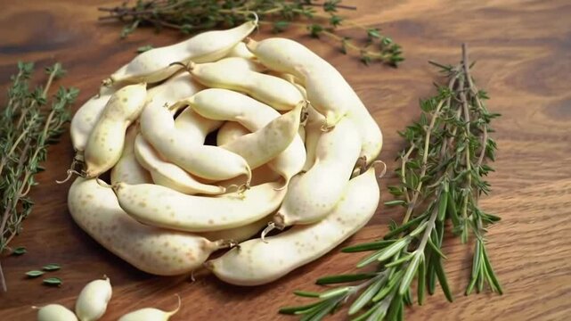 Lima Beans On Wooden Background Surrounded By Thyme And Rosemary Twigs