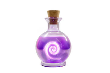purple potion bottle with a glowing spiral inside, on a white background, png, transparent