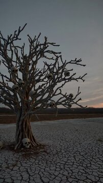 Arbre macabre aux cr&acirc;nes dans un paysage d&eacute;sertique craquel&eacute;

